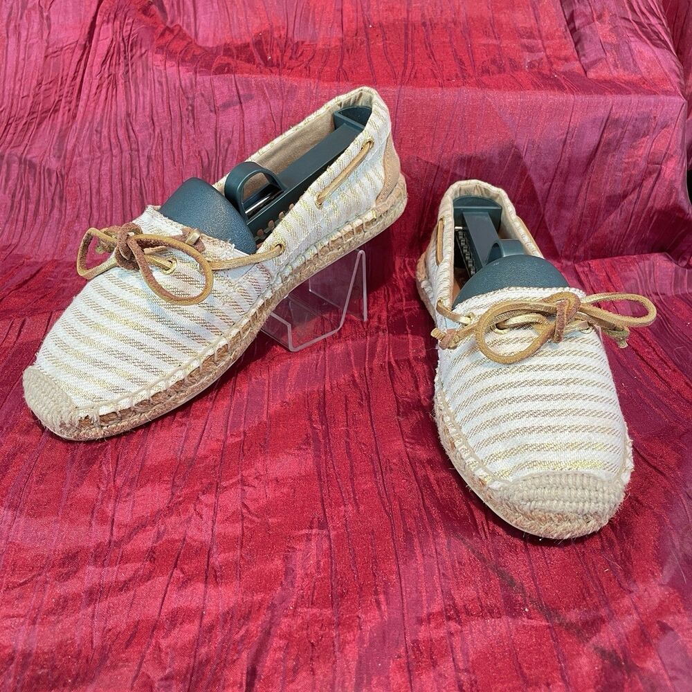 Womens Sperry Top Sider Canvas Gold/ White Stripe Slip On Deck Boat Shoes sz 6M